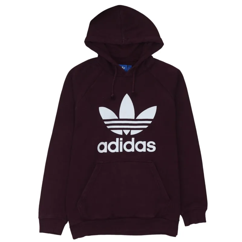 Adidas Burgundy Red Hoodie Women’s Large Printed Trefoil Logo Front Pocket Pullover Sweatshirt sold by Vintage Club
