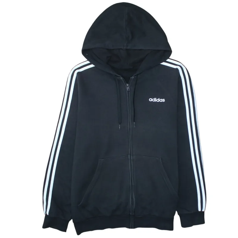 Adidas Black Full Zip Hoodie Men's Large Embroidered Logo Three Stripe Sleeves Sweatshirt sold by Vintage Club