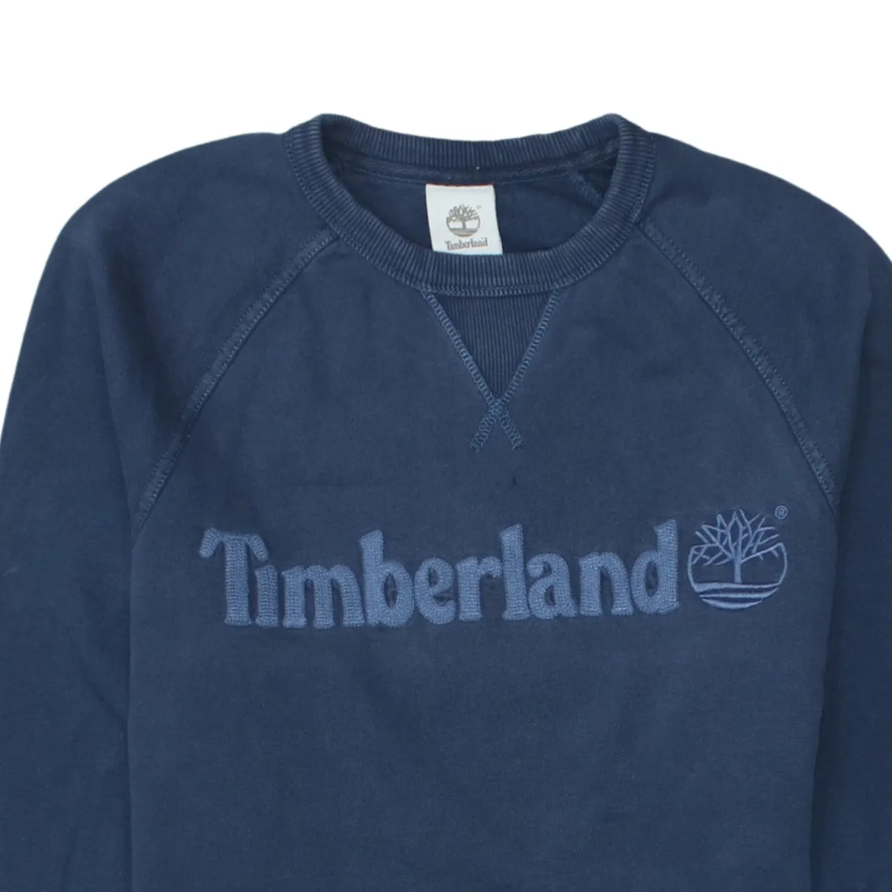 Timberland Navy Blue Sweatshirt Men's Small Embroidered Chest Logo Raglan Crewneck Pullover sold by Vintage Club product image thumbnail 3