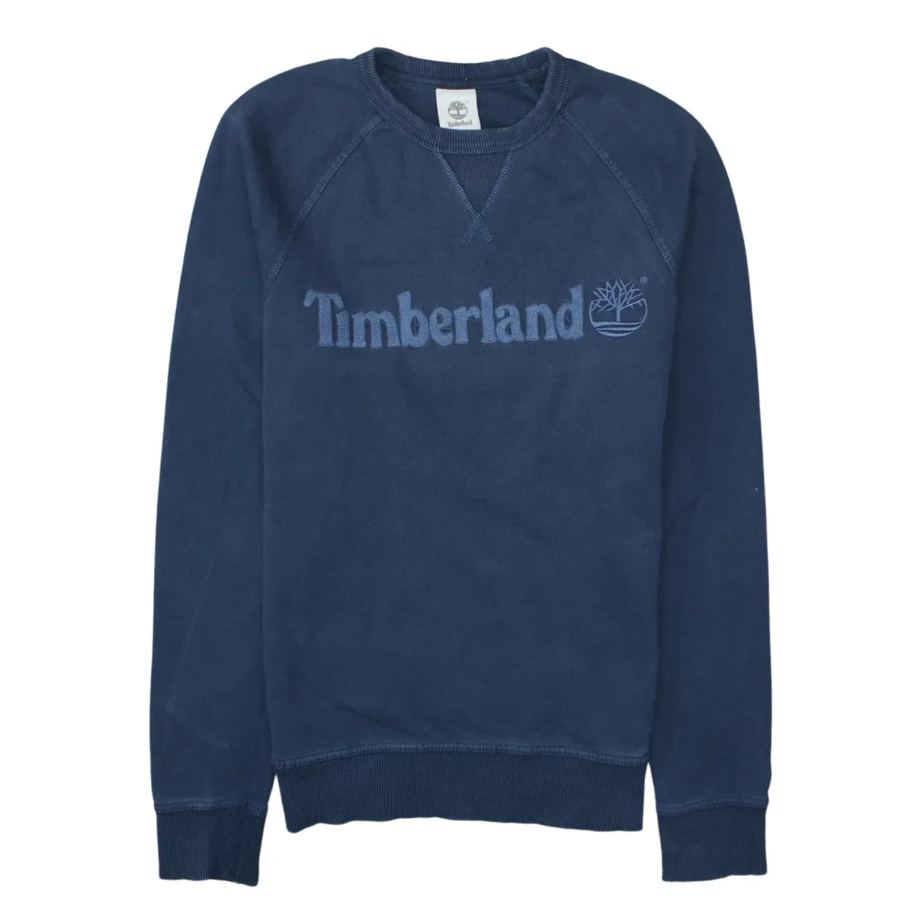 Timberland Navy Blue Sweatshirt Men's Small Embroidered Chest Logo Raglan Crewneck Pullover sold by Vintage Club