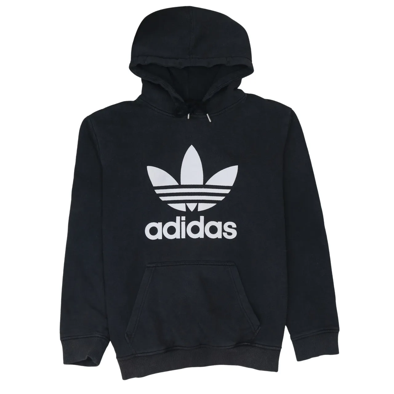 Adidas Black Hoodie Women’s Large Printed Trefoil Logo Front Pocket Pullover Sweatshirt sold by Vintage Club