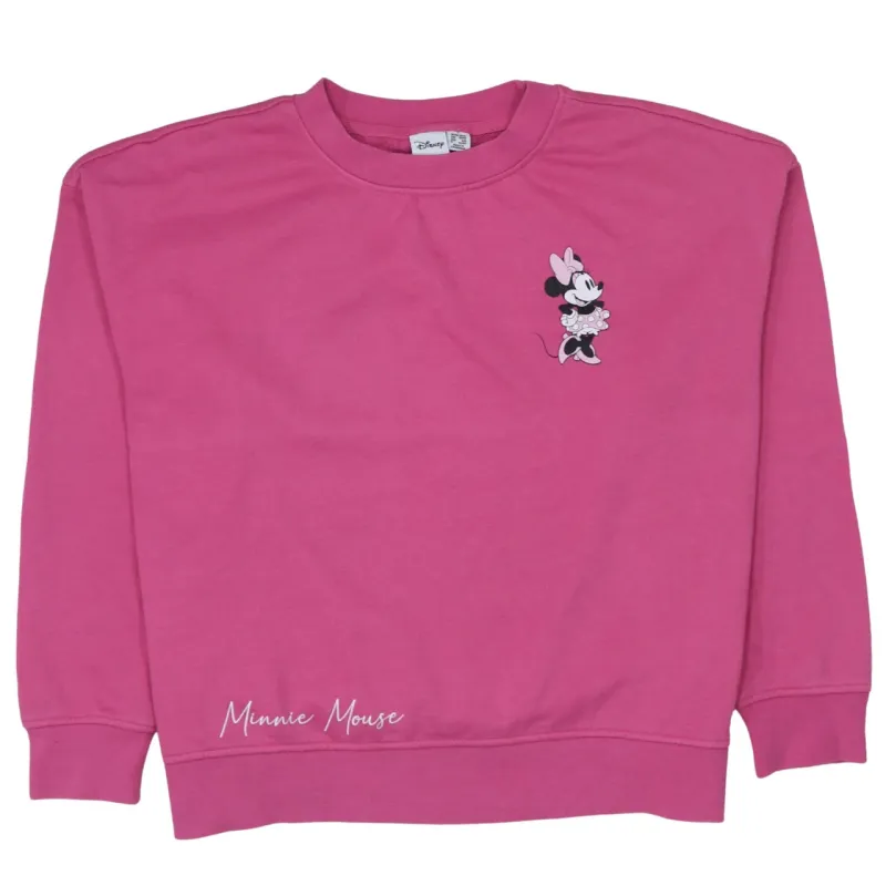 Disney Pink Sweatshirt Women’s Small Minnie Mouse Printed Logo Fleece Pullover Top sold by Vintage Club