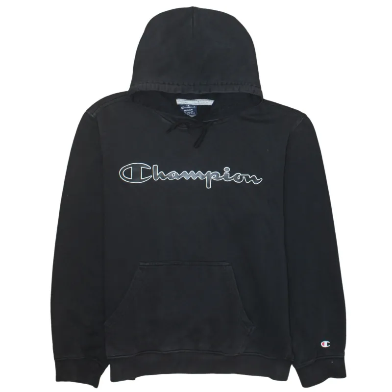 Champion Black Hoodie Men’s Medium Printed Script Logo Front Pocket Pullover Sweatshirt made by Champion
