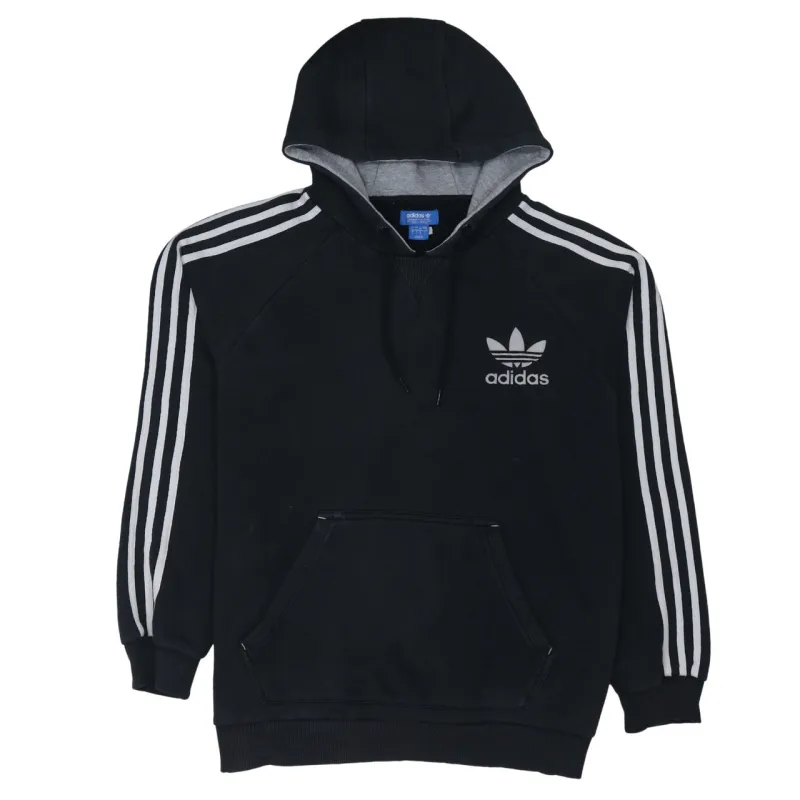 Adidas Black Hoodie Women’s Large Trefoil Printed Logo Three Stripe Sleeve Pullover Sweatshirt sold by Vintage Club