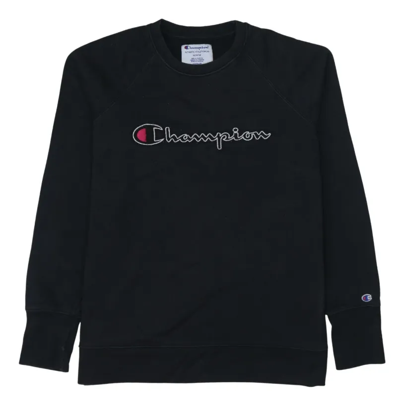 Champion Black Sweatshirt Women's Medium Embroidered Script Logo Crewneck Pullover Fleece Top sold by Vintage Club