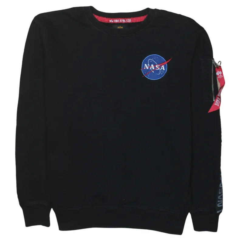 Alpha Industries Black NASA Sweatshirt Women's Large Embroidered Chest Logo Sleeve Zip Pullover Top sold by Vintage Club