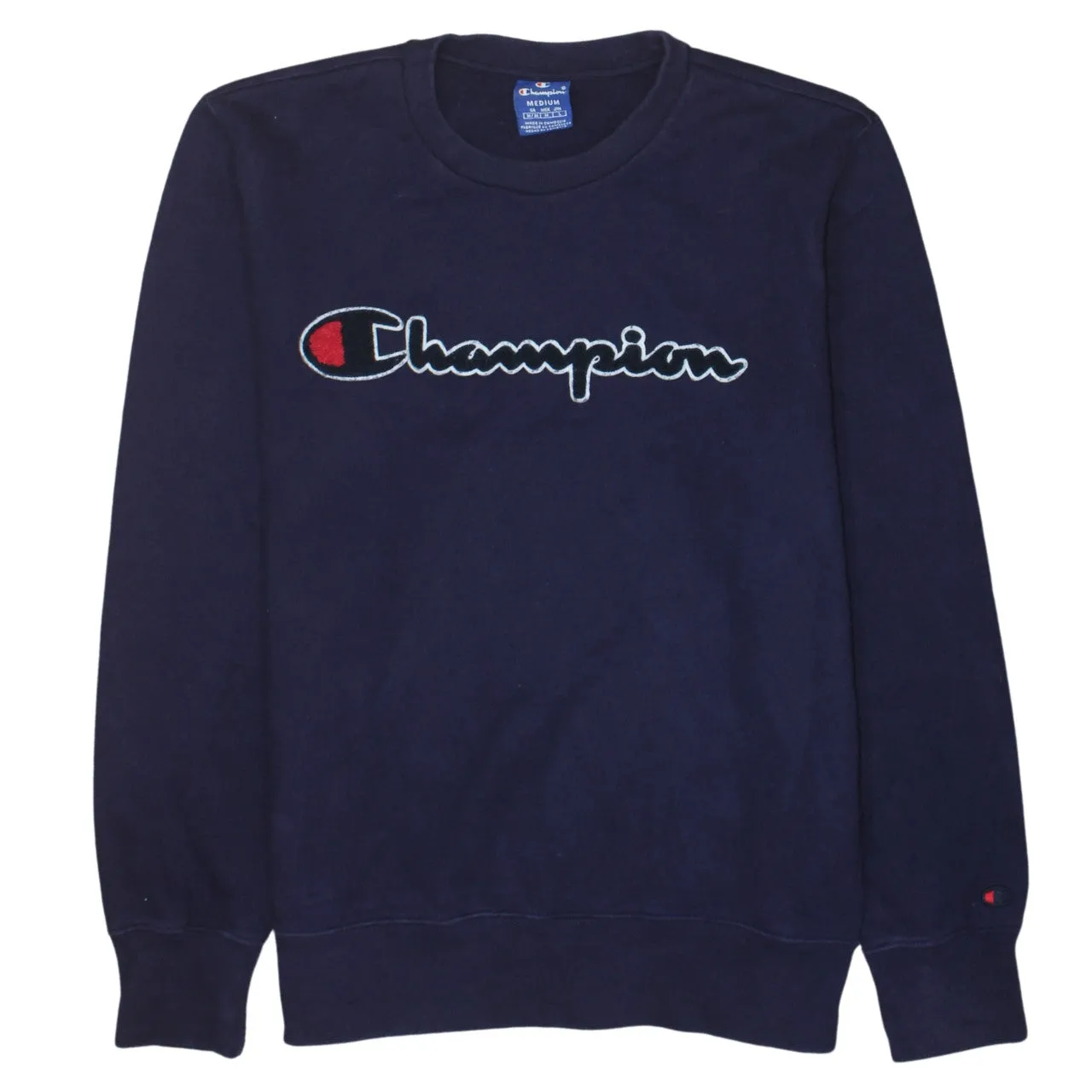 Champion Navy Blue Sweatshirt Men's Medium Embroidered Script Logo Ribbed Crewneck Pullover sold by Vintage Club