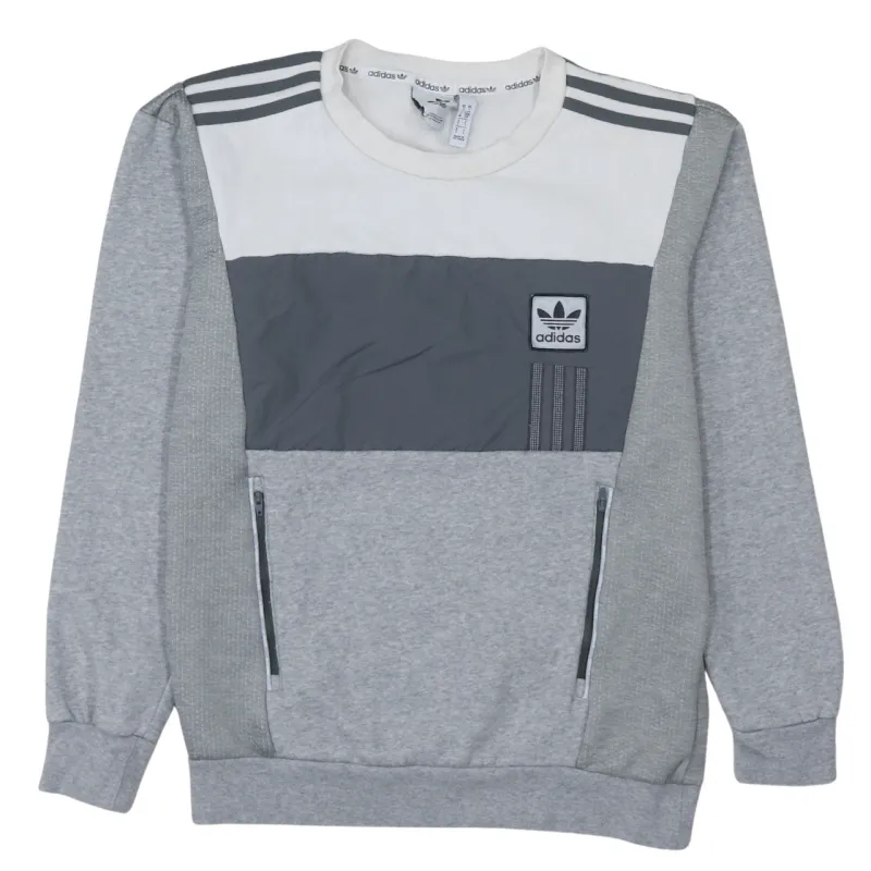 Adidas Grey Colourblock Sweatshirt Men's Small Trefoil Patch Zip Pockets Three Stripes Pullover made by Adidas