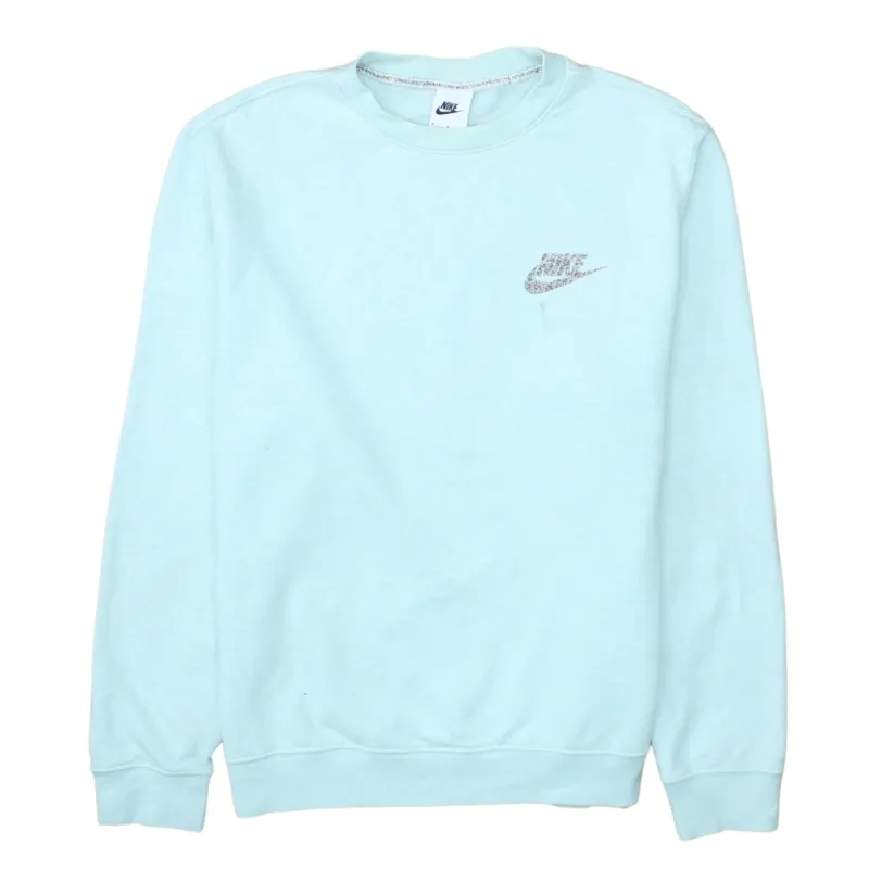 Nike Light Aqua Blue Sweatshirt Men's Medium Printed Swoosh Logo Crewneck Pullover Fleece Top made by Nike