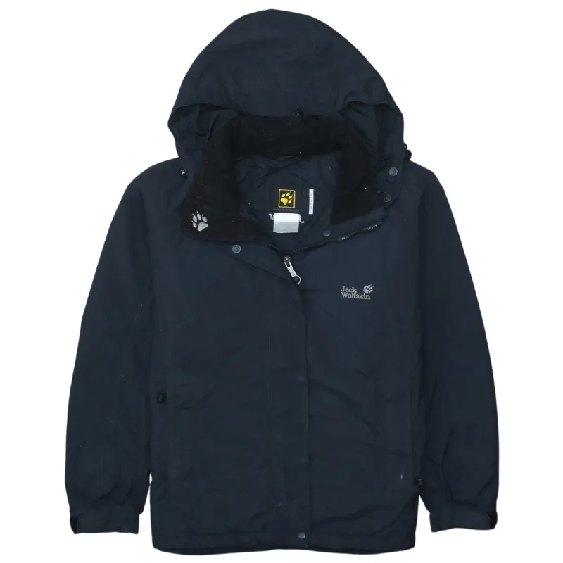 Jack Wolfskin Black Hooded Jacket Men's Medium Embroidered Logo Zip Pockets Windbreaker Outerwear sold by Vintage Club