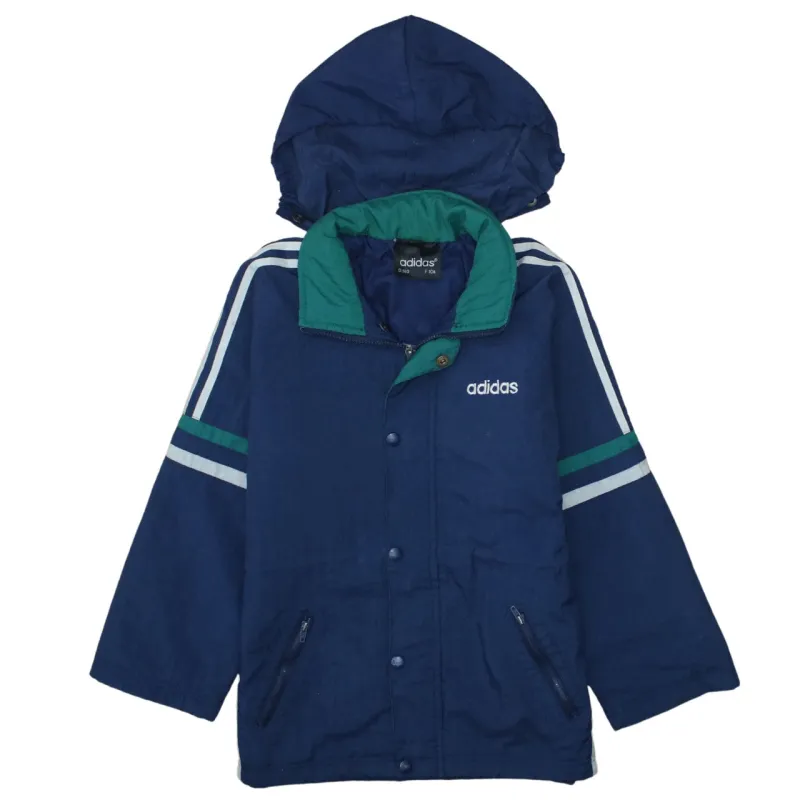 Adidas Navy Blue Hooded Windbreaker Women’s Small Embroidered Logo Three Stripe Jacket Coat sold by Vintage Club