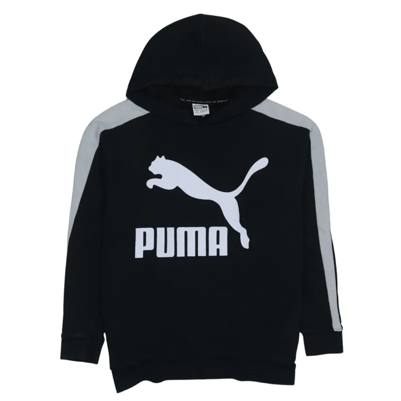 Puma Black Hoodie Women’s Small Printed Logo Grey Sleeve Panels Pullover Sweatshirt sold by Vintage Club