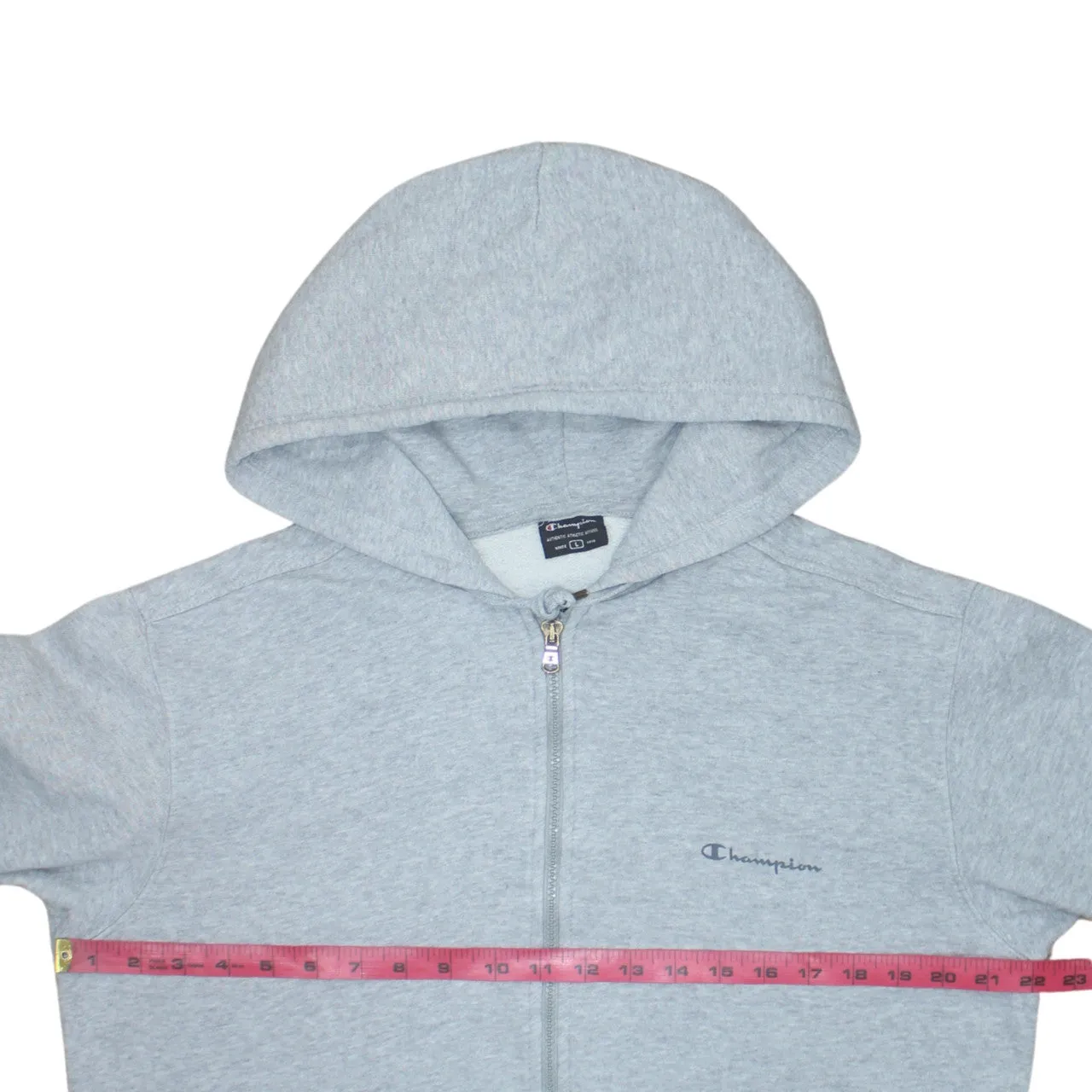 Champion Light Grey Zip Hoodie Women’s Large Embroidered Chest Logo Split Pocket Sweatshirt sold by Vintage Club product image thumbnail 5