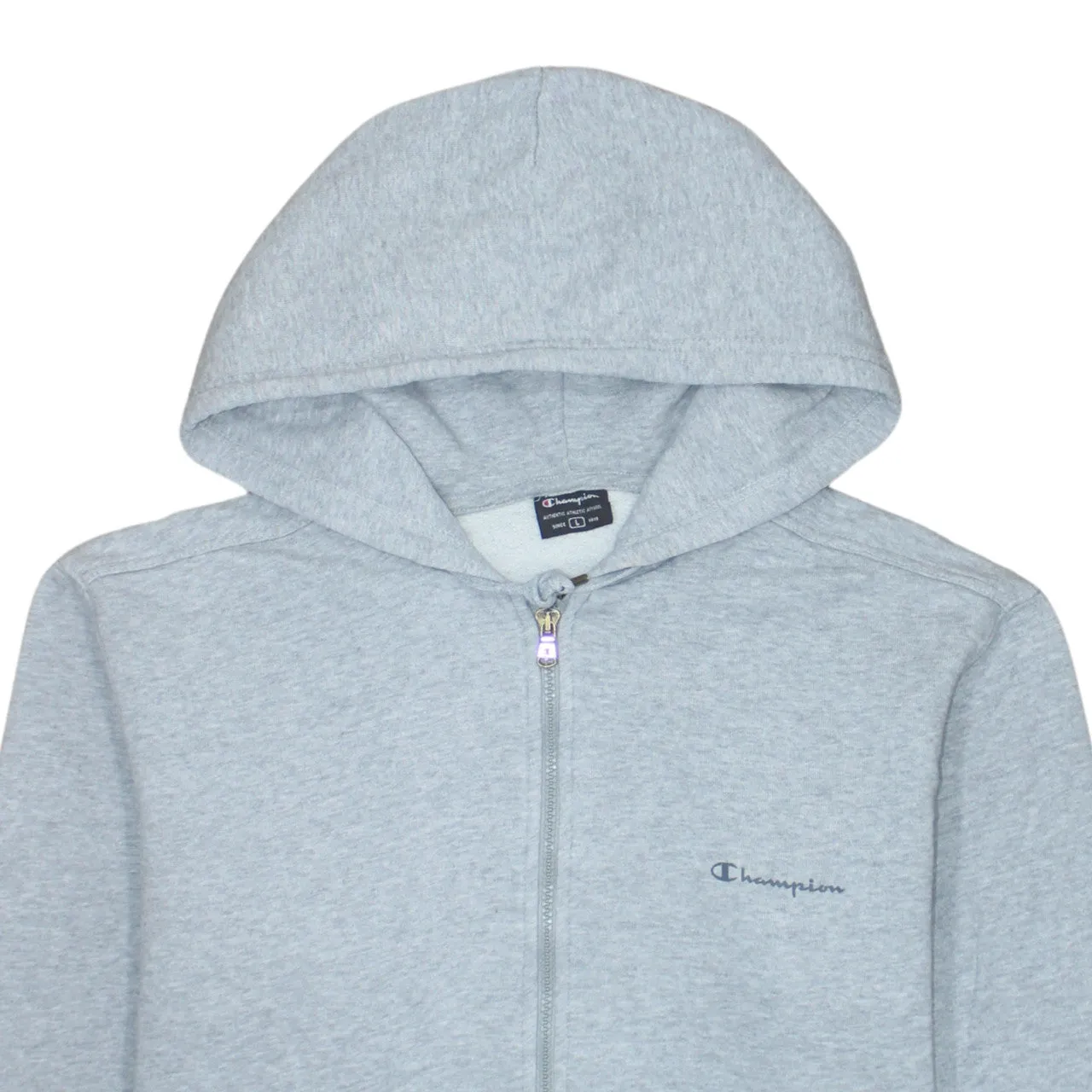 Champion Light Grey Zip Hoodie Women’s Large Embroidered Chest Logo Split Pocket Sweatshirt sold by Vintage Club product image thumbnail 3