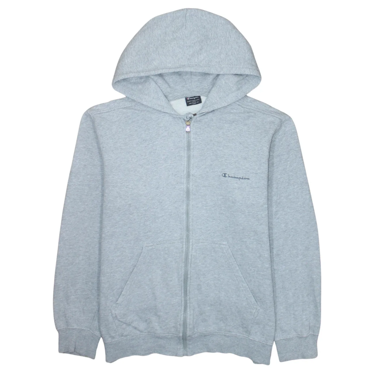 Champion Light Grey Zip Hoodie Women’s Large Embroidered Chest Logo Split Pocket Sweatshirt sold by Vintage Club