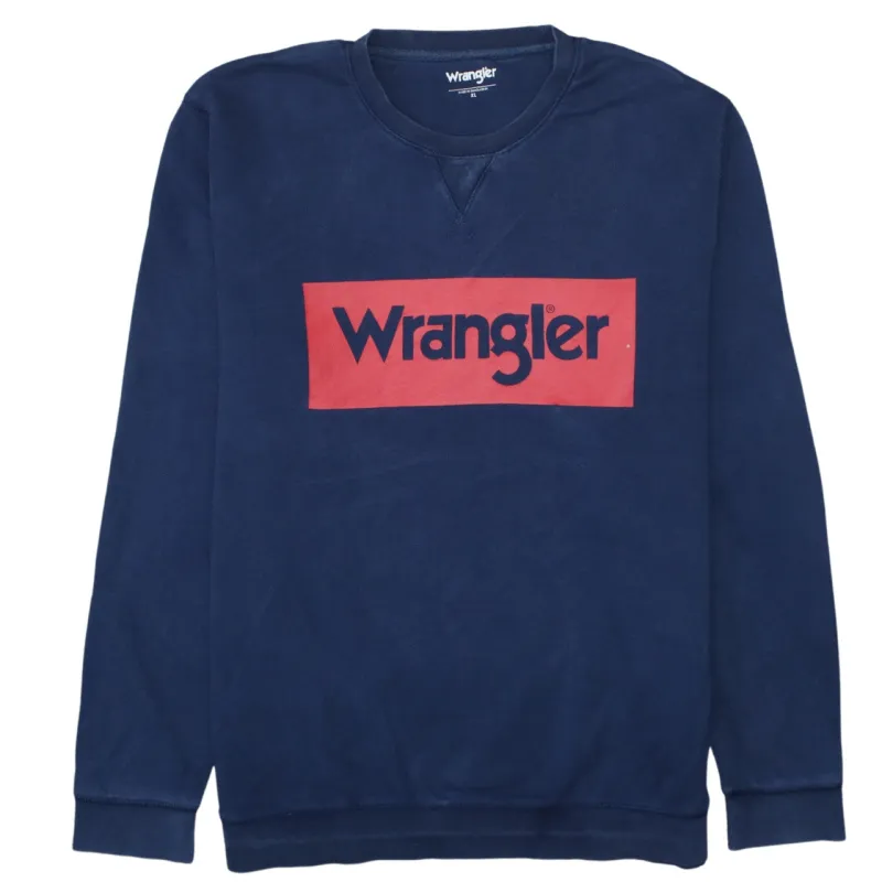 Wrangler Navy Blue Sweatshirt Men's XLarge Printed Box Logo Crewneck Pullover Fleece Top made by Wrangler