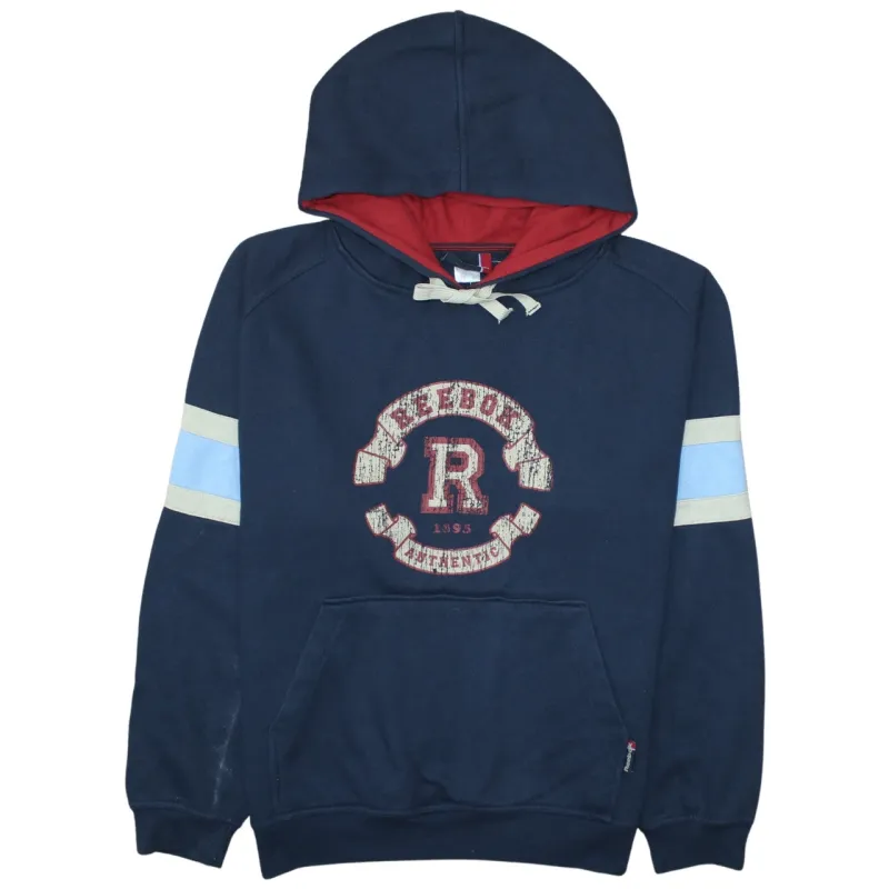 Reebok Navy Blue Hoodie Men's Medium Embroidered Crest Logo Stripe Sleeves Pullover Sweatshirt sold by Vintage Club