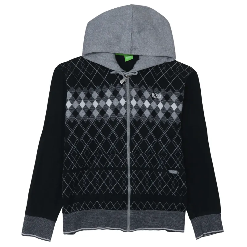HUGO BOSS Black Grey Hoodie Women’s XLarge Argyle Zip Embroidered Logo Knit Top Sweatshirt sold by Vintage Club