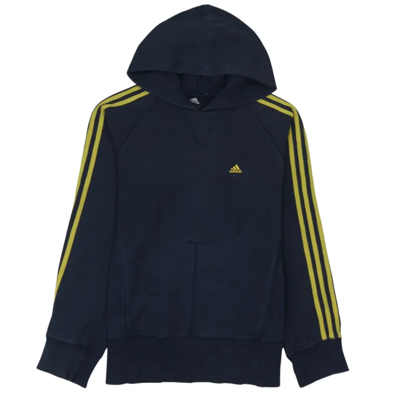Adidas Navy Blue Hoodie Men's XSmall Embroidered Logo Yellow Three Stripe Pullover Sweatshirt sold by Vintage Club
