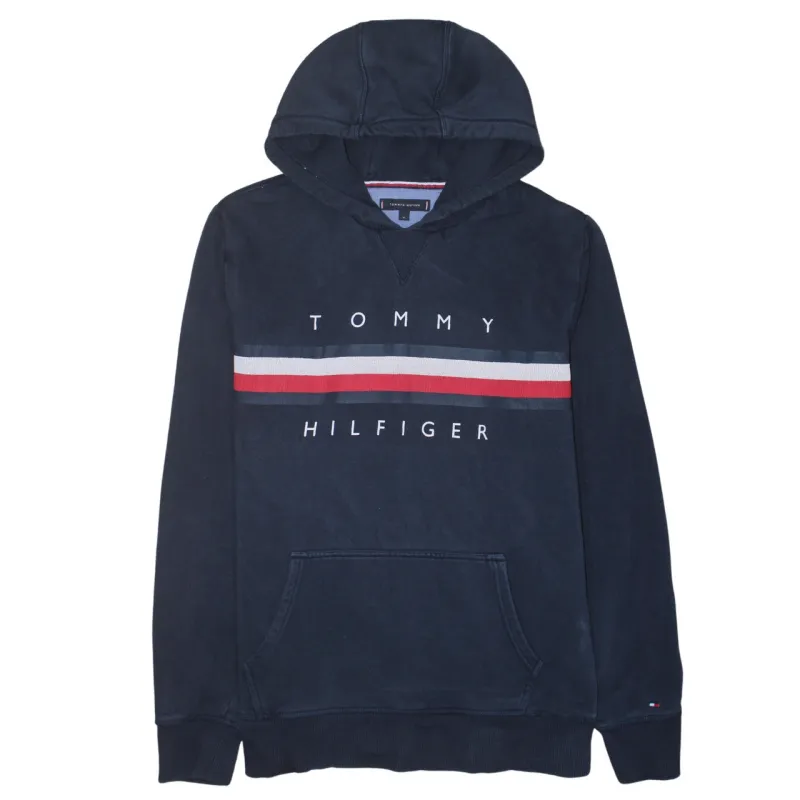 Tommy Hilfiger Navy Blue Hoodie Women’s XLarge Printed Logo Stripe Front Pocket Pullover Sweatshirt sold by Vintage Club
