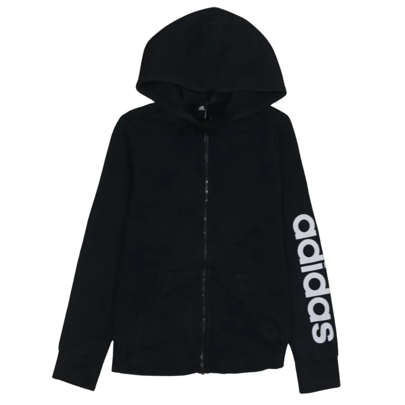 Adidas Black Zip Hoodie Women’s Small Printed Sleeve Logo Split Pocket Sweatshirt sold by Vintage Club