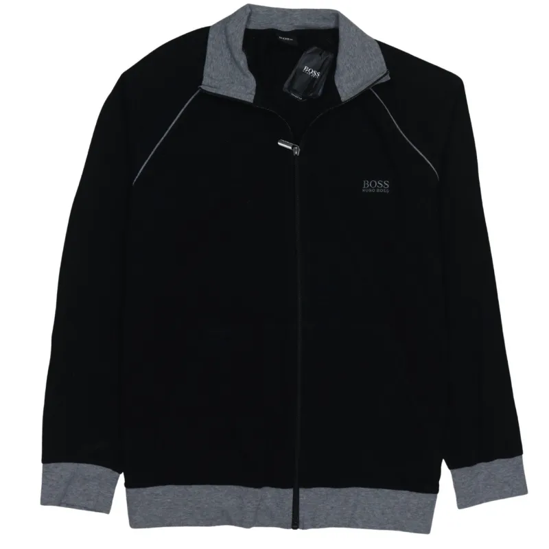 HUGO BOSS Black Full Zip Sweatshirt Women's Large Grey Trim Embroidered Logo Jacket Top sold by Vintage Club