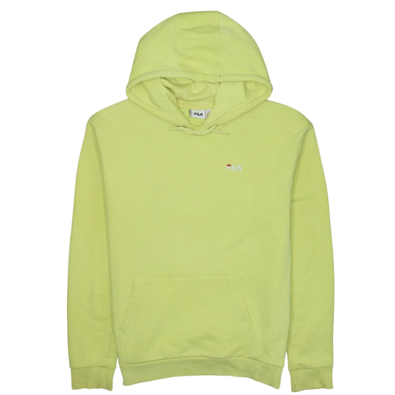 Fila Light Yellow Hoodie Women’s Large Embroidered Chest Logo Front Pocket Pullover Sweatshirt sold by Vintage Club