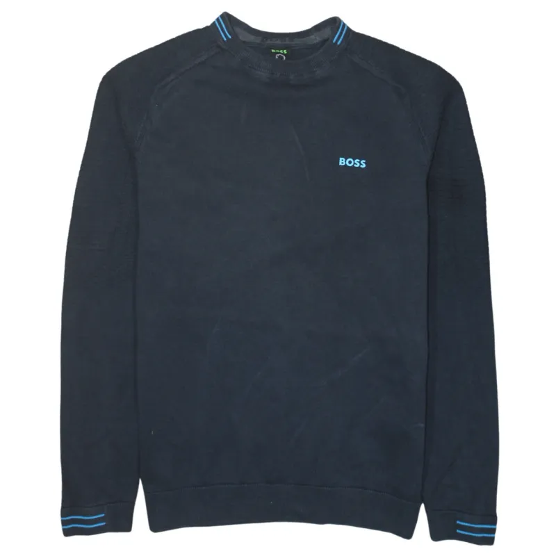 HUGO BOSS Navy Sweatshirt Women’s Medium Embroidered Chest Logo Stripe Trim Pullover Jumper sold by Vintage Club