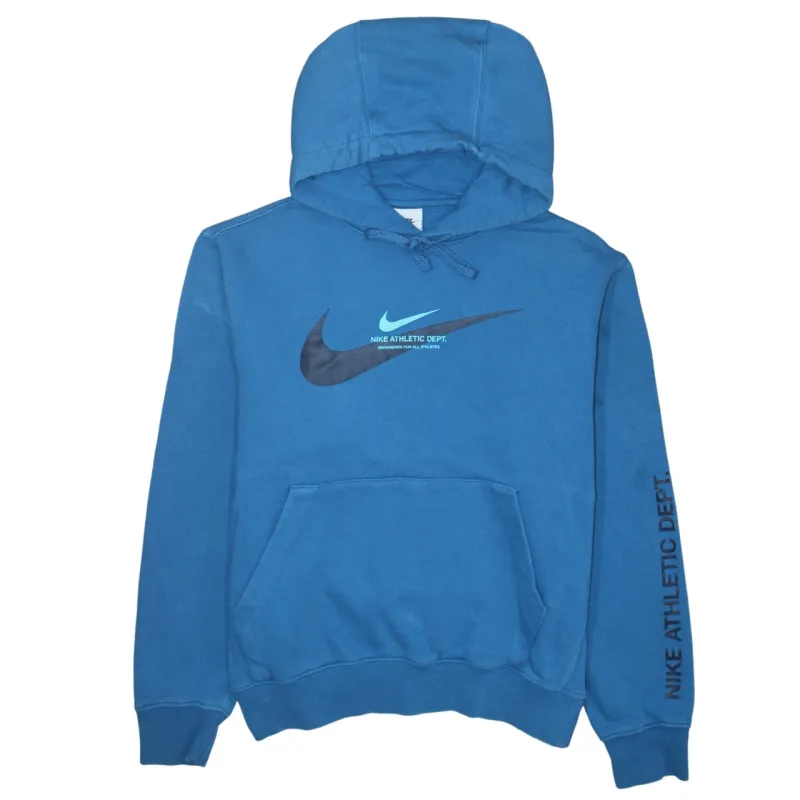 Nike Blue Hoodie Men's Small Printed Swoosh Logos Front Back Athletic Dept Sweatshirt made by Nike