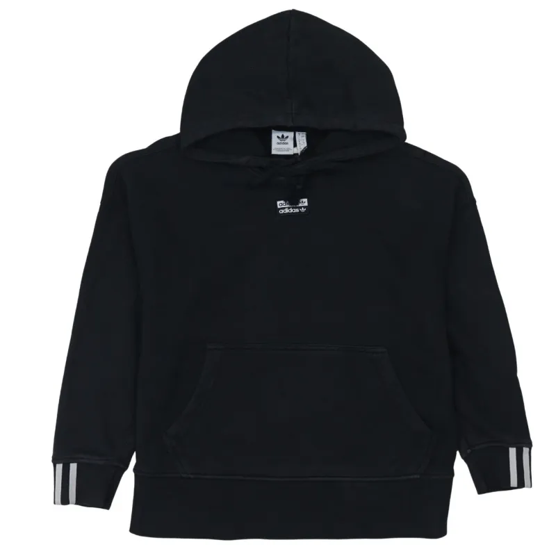 Adidas Black Hoodie Women’s Large Small Chest Logo Three Stripe Cuffs Pullover Sweatshirt sold by Vintage Club