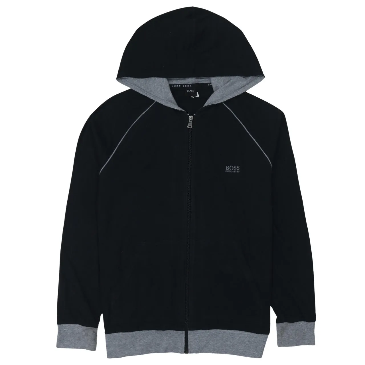 HUGO BOSS Black Zip Hoodie Women’s Medium Embroidered Chest Logo Contrast Grey Trim Top sold by Vintage Club