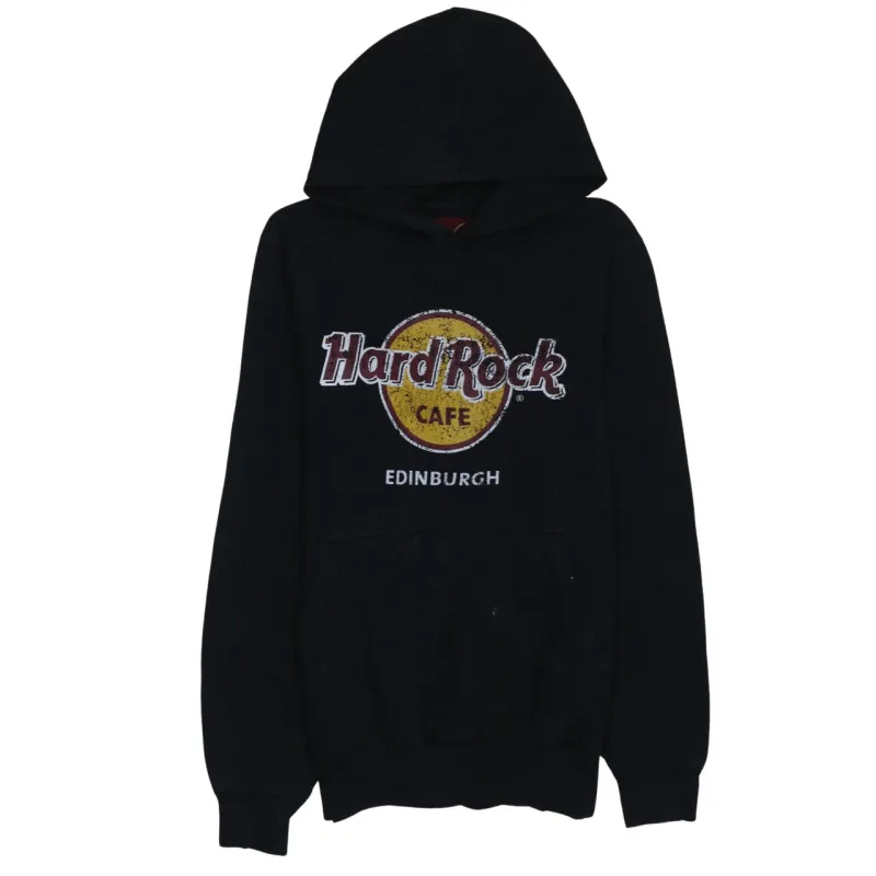 Hard Rock Cafe Black Hoodie Women's Medium Edinburgh Printed Logo Fleece Pullover Sweatshirt sold by Vintage Club