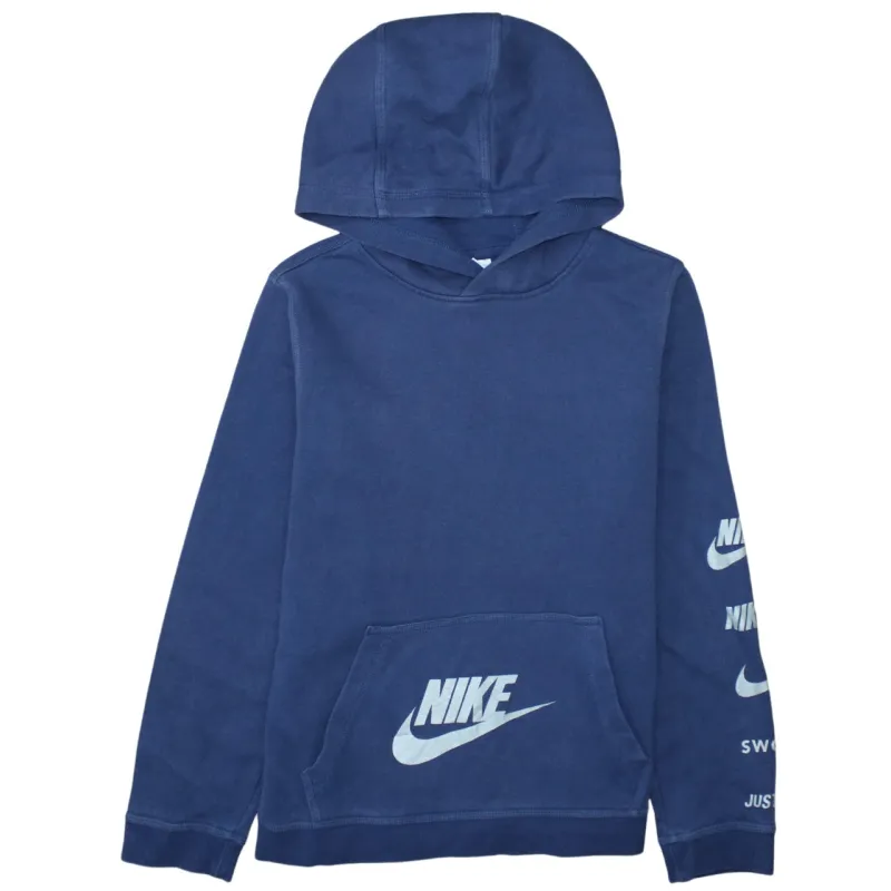 Nike Navy Blue Hoodie Women’s XLarge Printed Swoosh Logo Sleeve Graphic Pullover Sweatshirt sold by Vintage Club