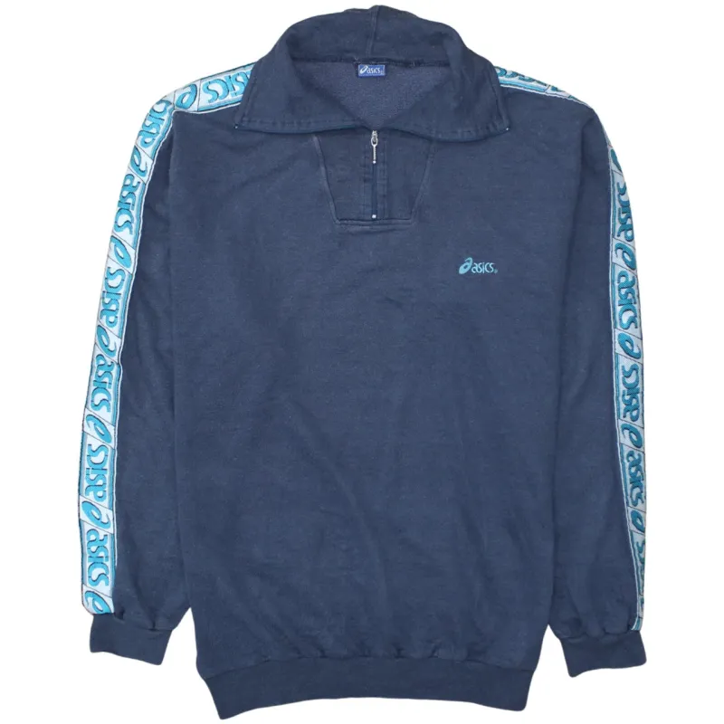 Asics Navy Blue Sweatshirt Men’s Medium Quarter Zip Logo Tape Sleeve Pullover Top made by Asics