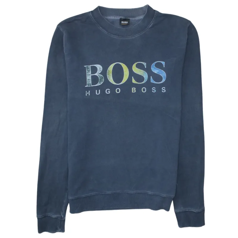 HUGO BOSS Navy Blue Sweatshirt Men's Medium Printed Logo Crewneck Pullover Top sold by Vintage Club