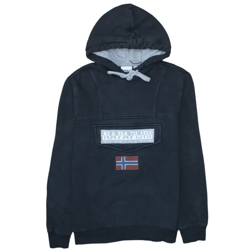 Napapijri Black Hoodie Men's Small Embroidered Logo Front Flap Pocket Pullover Sweatshirt sold by Vintage Club