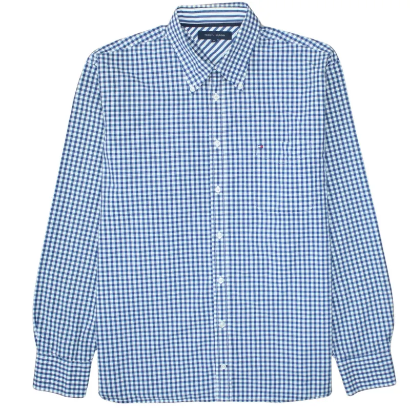 Tommy Hilfiger Blue Check Shirt Men's XLarge Embroidered Chest Flag Logo Button Up made by Tommy Hilfiger