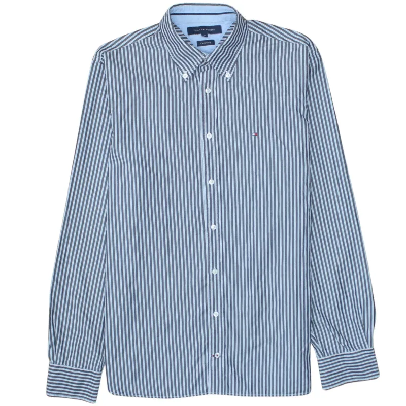 Tommy Hilfiger Navy Blue Stripe Shirt Men's Medium Button Down Embroidered Flag Logo made by Tommy Hilfiger
