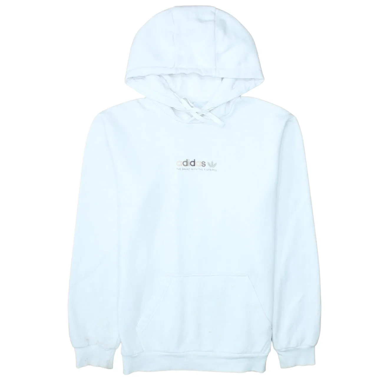 Adidas White Hoodie Men's Small Printed Chest Logo Front Pocket Pullover Sweatshirt sold by Vintage Club