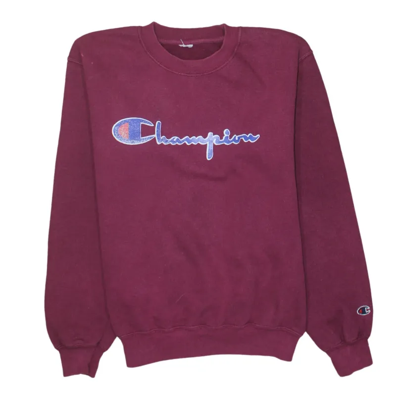 Champion Burgundy Sweatshirt Men's Small Printed Script Logo Crewneck Pullover Jumper made by Champion