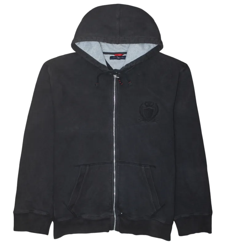 Tommy Hilfiger Faded Black Zip Hoodie Men's XLarge Embroidered Crest Logo Pockets Sweatshirt made by Tommy Hilfiger