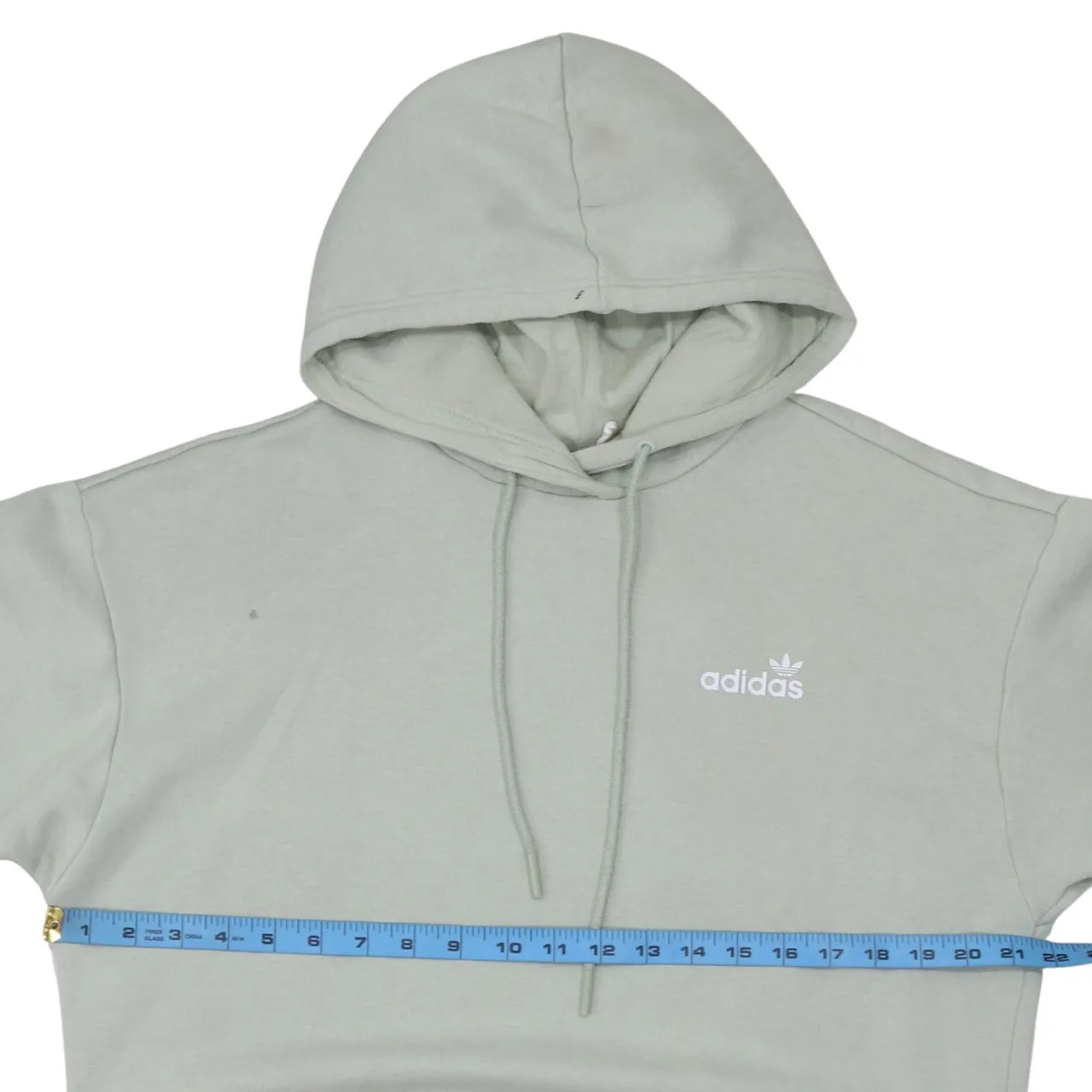 Adidas Light Sage Hoodie Women’s Medium Printed Trefoil Logo Front Back Pullover Sweatshirt sold by Vintage Club product image thumbnail 5