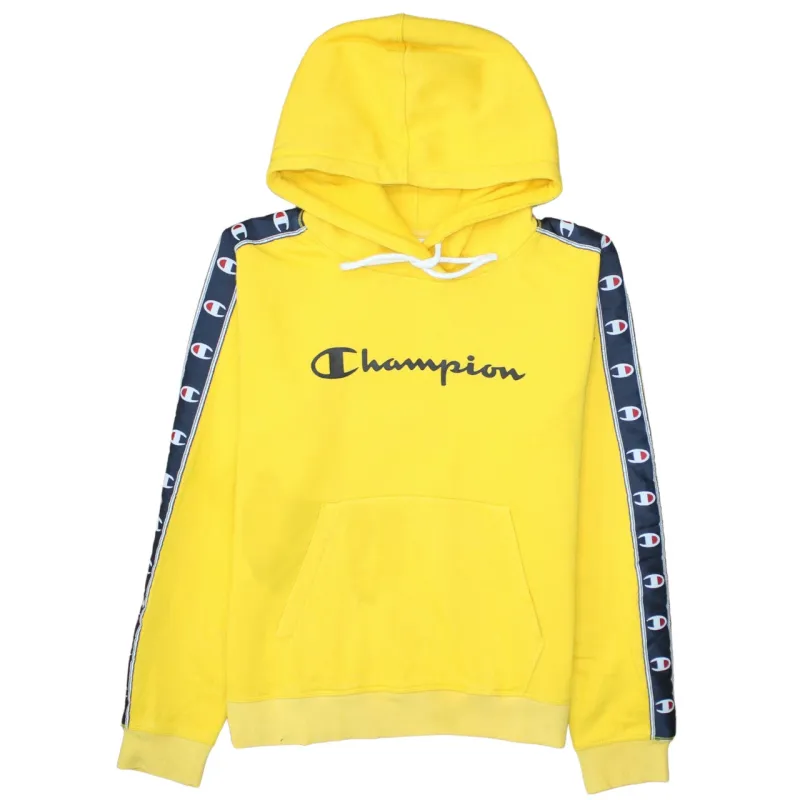 Champion Yellow Hoodie Men's Medium Printed Logo Tape Sleeve Pullover Sweatshirt sold by Vintage Club