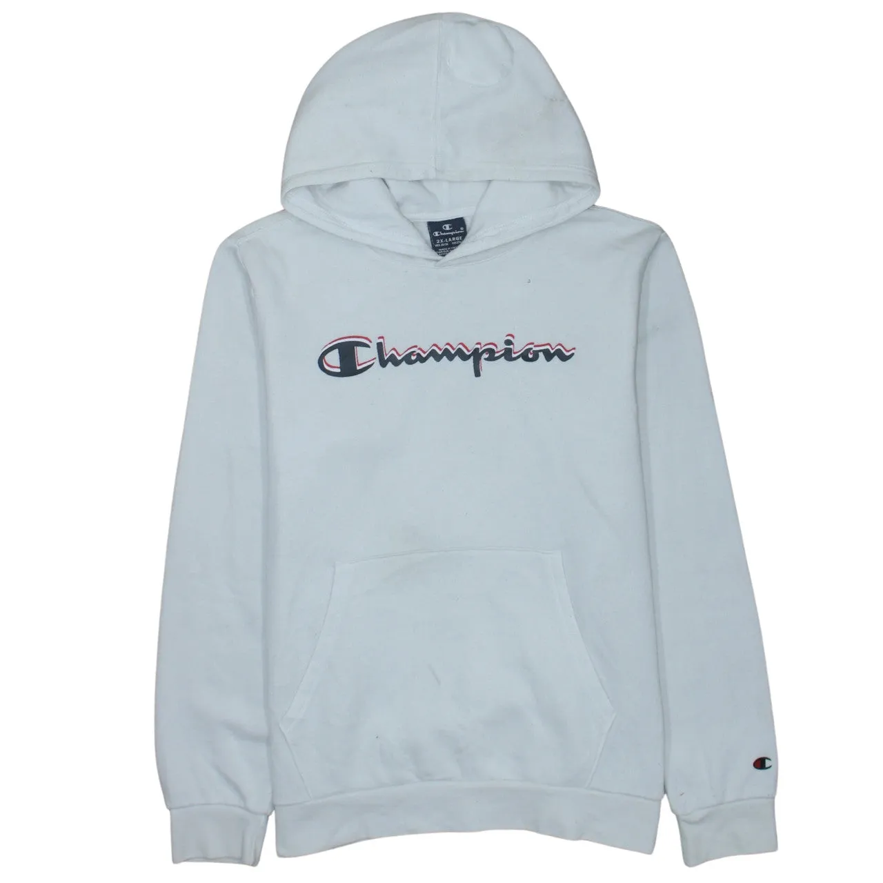 Champion White Hoodie Women’s XXLarge Embroidered Script Logo Front Pocket Pullover Sweatshirt sold by Vintage Club