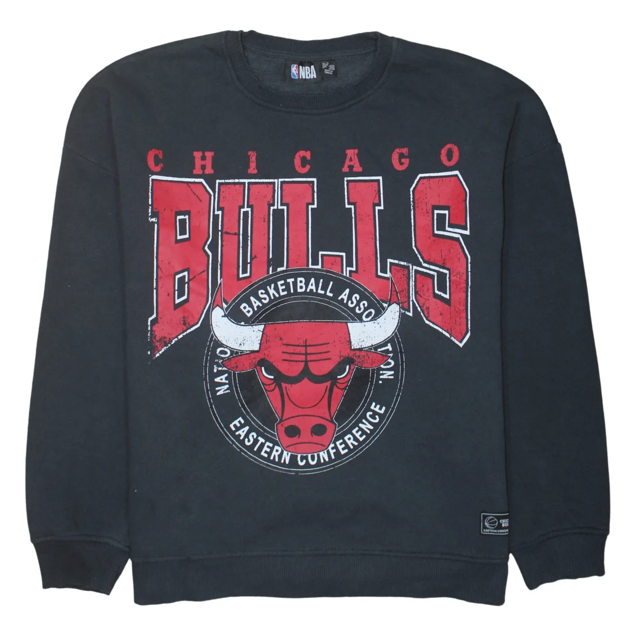 NBA Black Chicago Bulls Sweatshirt Women’s Large Printed Front Logo Fleece Pullover Top sold by Vintage Club
