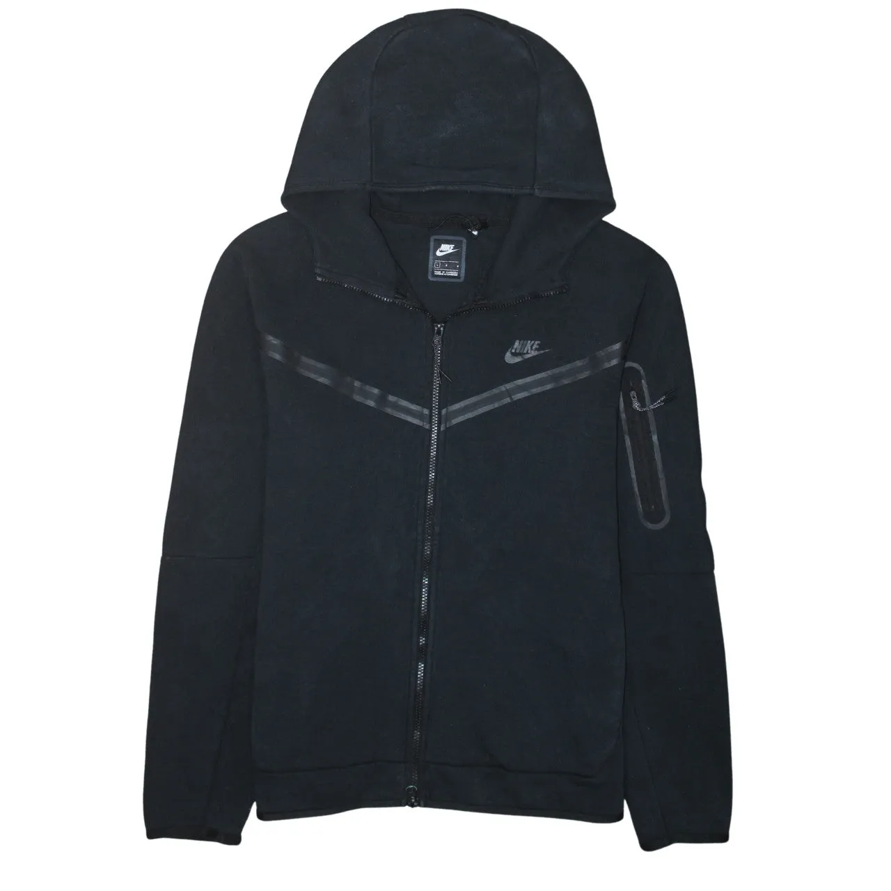 Nike Black Full Zip Hoodie Women’s Large Printed Swoosh Sleeve Zip Pocket Sweatshirt sold by Vintage Club