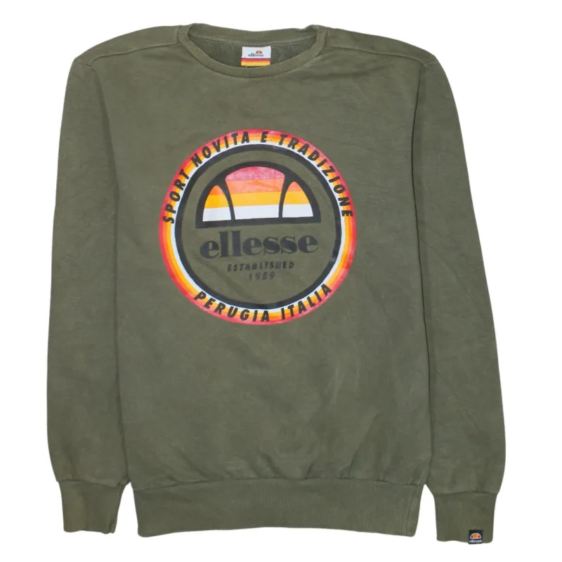 Ellesse Khaki Green Sweatshirt Men's Medium Printed Logo Ribbed Cuffs Crewneck Pullover made by Ellesse