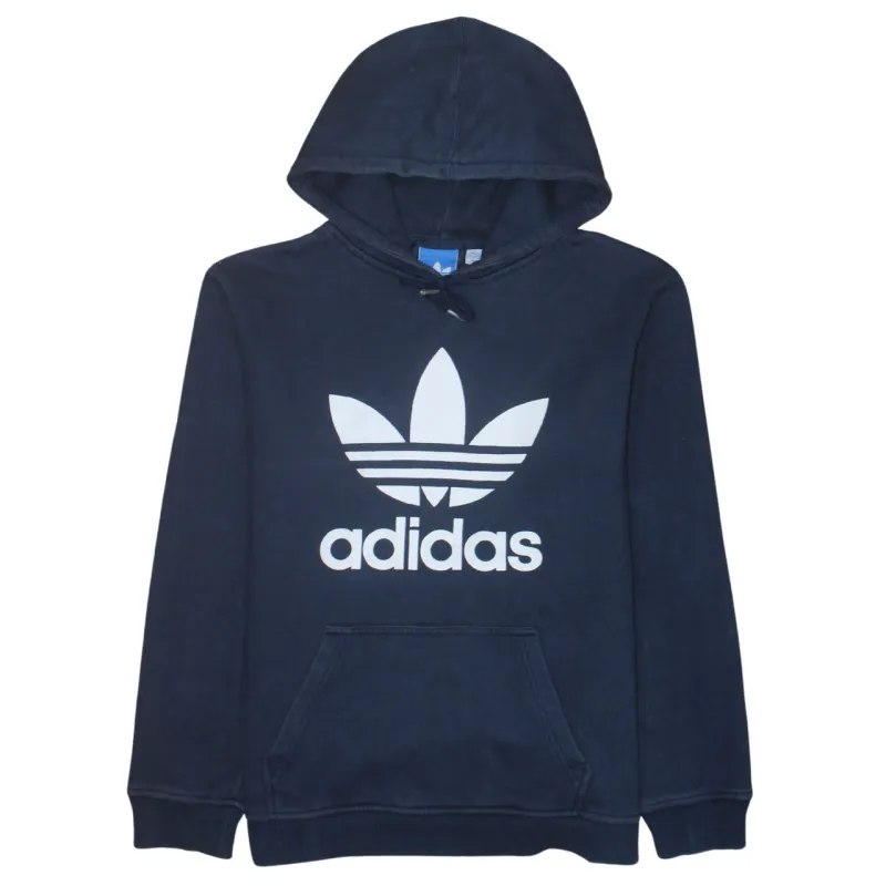 Adidas Navy Blue Hoodie Men's Medium Trefoil Printed Logo Front Pocket Pullover Sweatshirt sold by Vintage Club