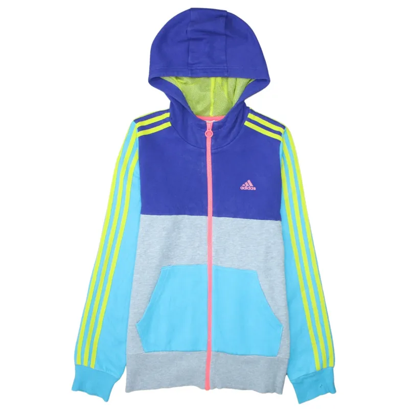 Adidas Blue Colourblock Hoodie Women’s Small Full Zip Three Stripes Logo Pocket Sweatshirt sold by Vintage Club