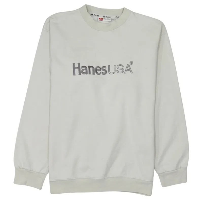 Hanes Cream Sweatshirt Men's Large Embroidered Hanes USA Logo Ribbed Crewneck Pullover made by Hanes